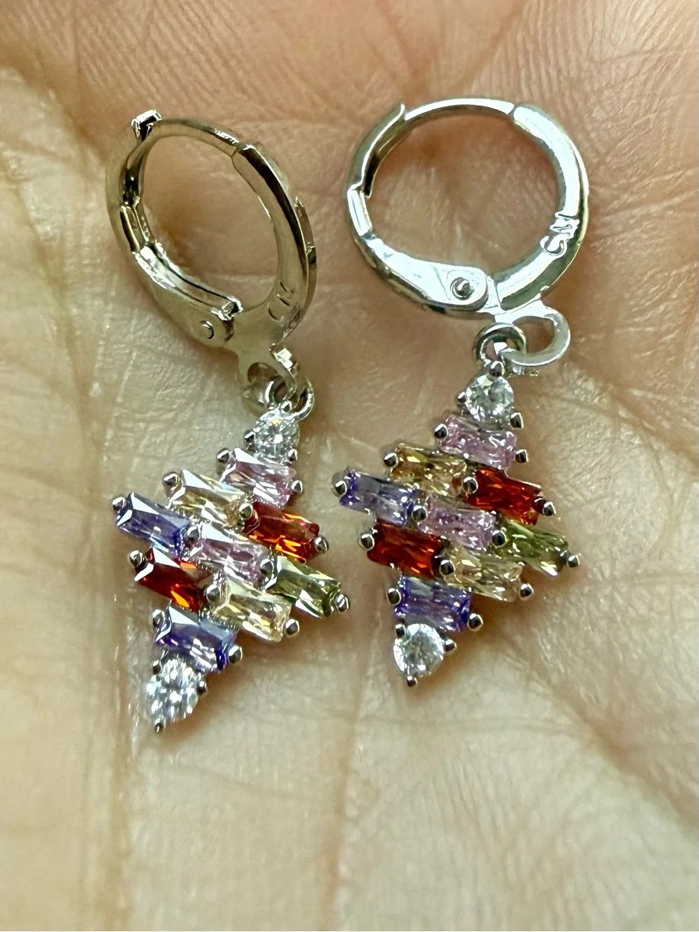 NEW! 14k White Gold Plated with Multicolored Crystal Drop Hoop Earrings